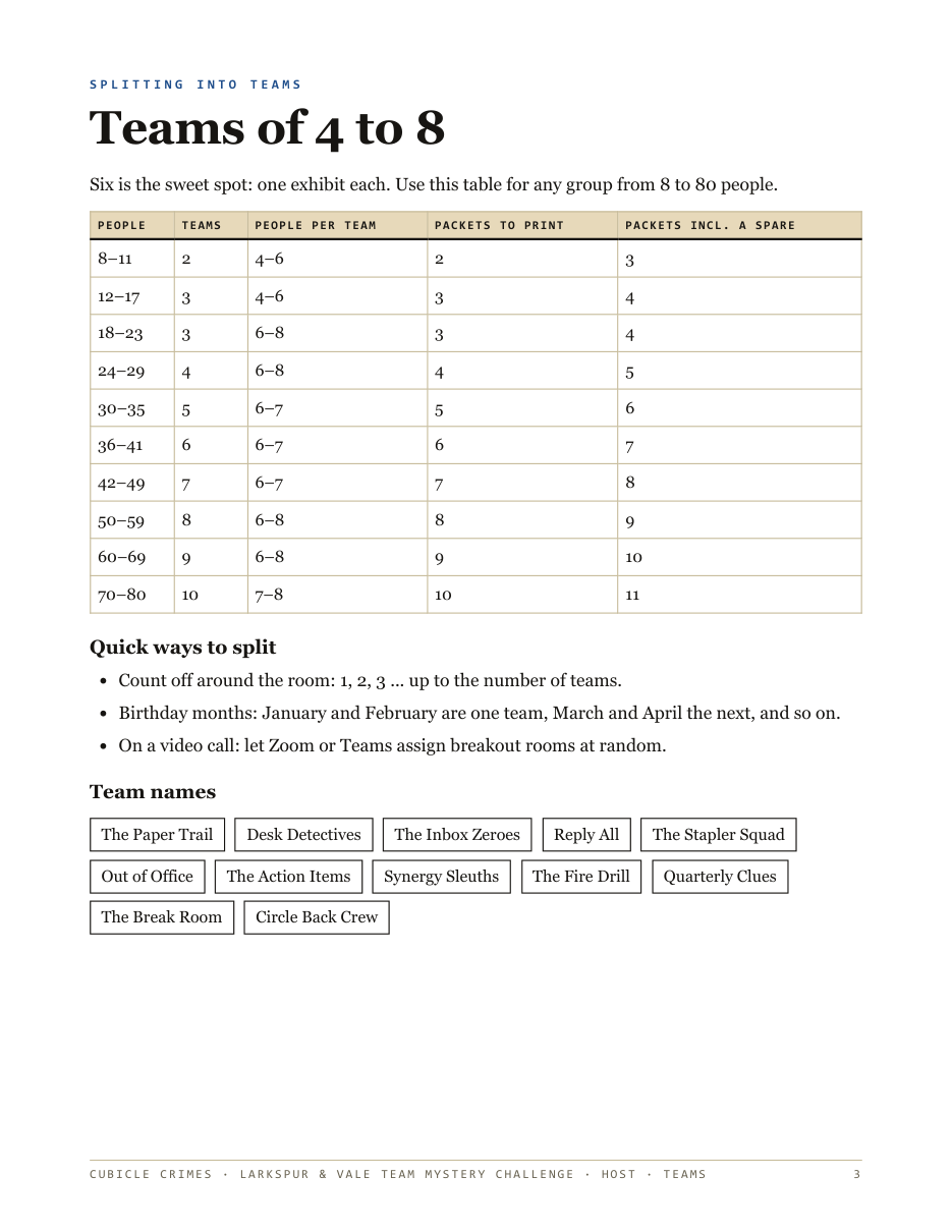 Host guide page on splitting into teams
